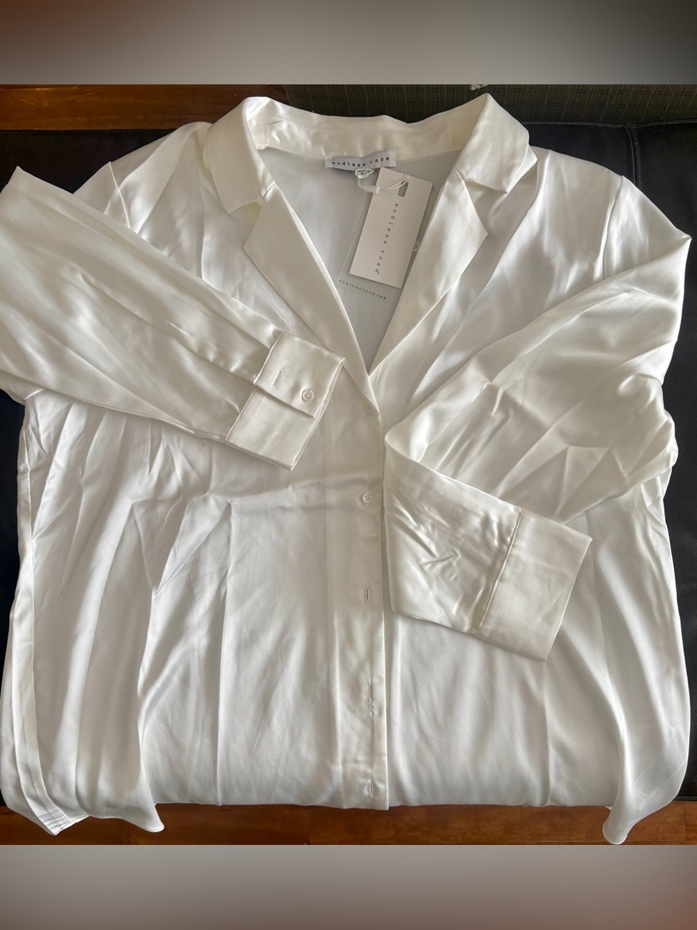 Endless Rose Ivory Button-Down Satin Shirt with Notched Lapel and buttoned Cuffs